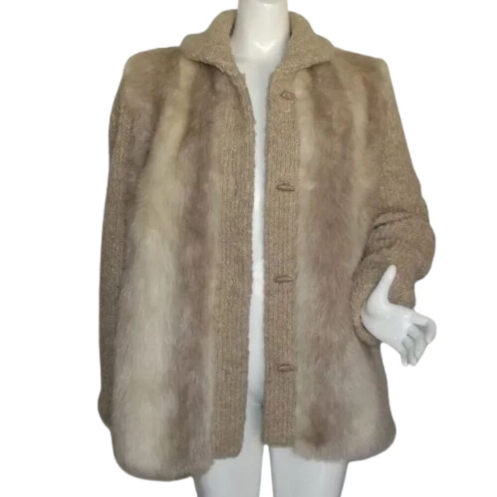 D'ESPRIT Faux Fur Coat, L, Knit Sleeve/Shawl Collar, Buttons, Lined, VINTAGE